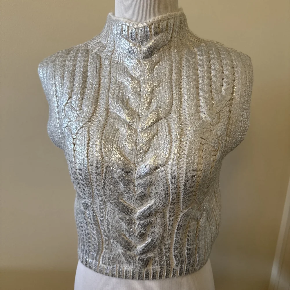Zara Metallic Ivory Cable Knit Sweater Medium NWOT - Picture 4 of 5